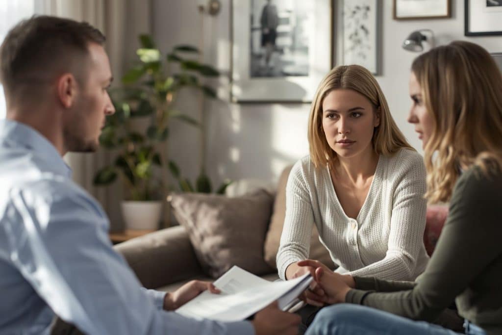 Family and nanny reviewing employment agreement, benefits, and compensation details.