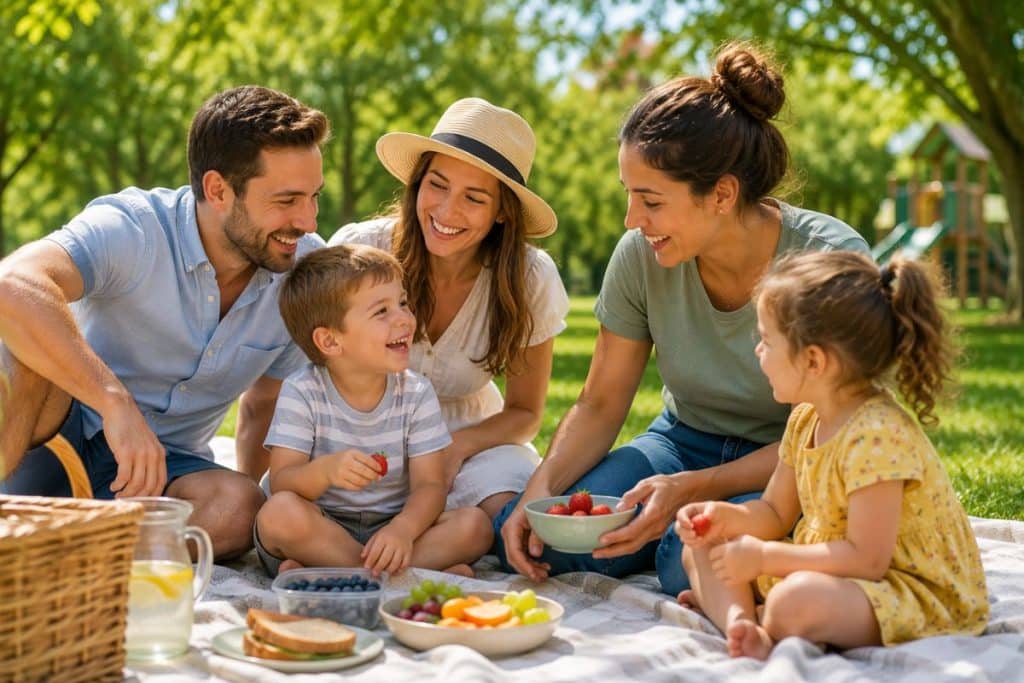 Family and professional nanny enjoying quality summer time together while supporting children's development.