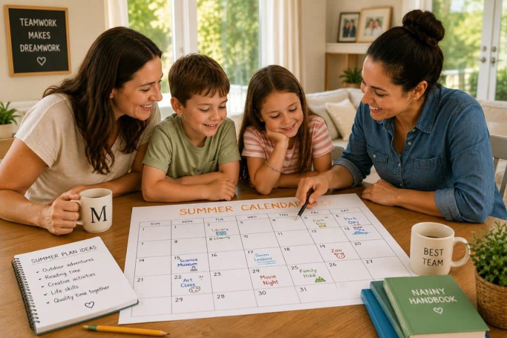 Family and nanny planning summer goals and activities together before summer break begins.