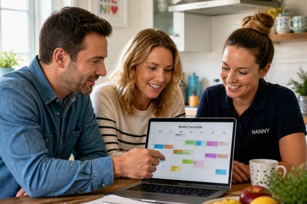 Parents and nanny reviewing a weekly childcare schedule with guaranteed hours.