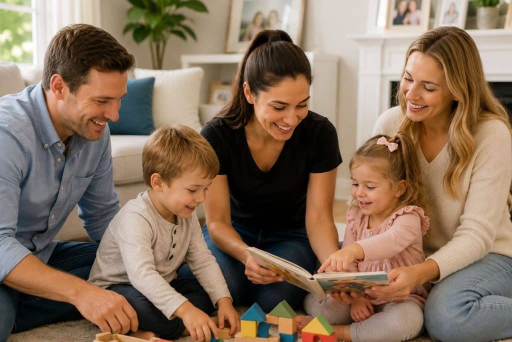 Family and nanny celebrating a strong long-term childcare partnership built on fair compensation and mutual respect.