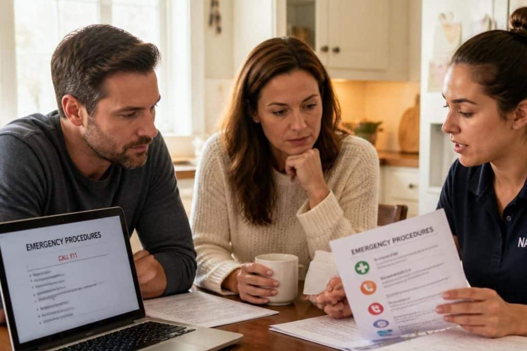 Professional nanny reviewing emergency contacts and childcare safety procedures with parents.