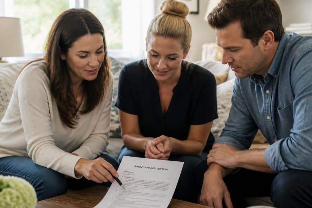 Family and nanny discussing childcare responsibilities and employee benefits outlined in a nanny contract.
