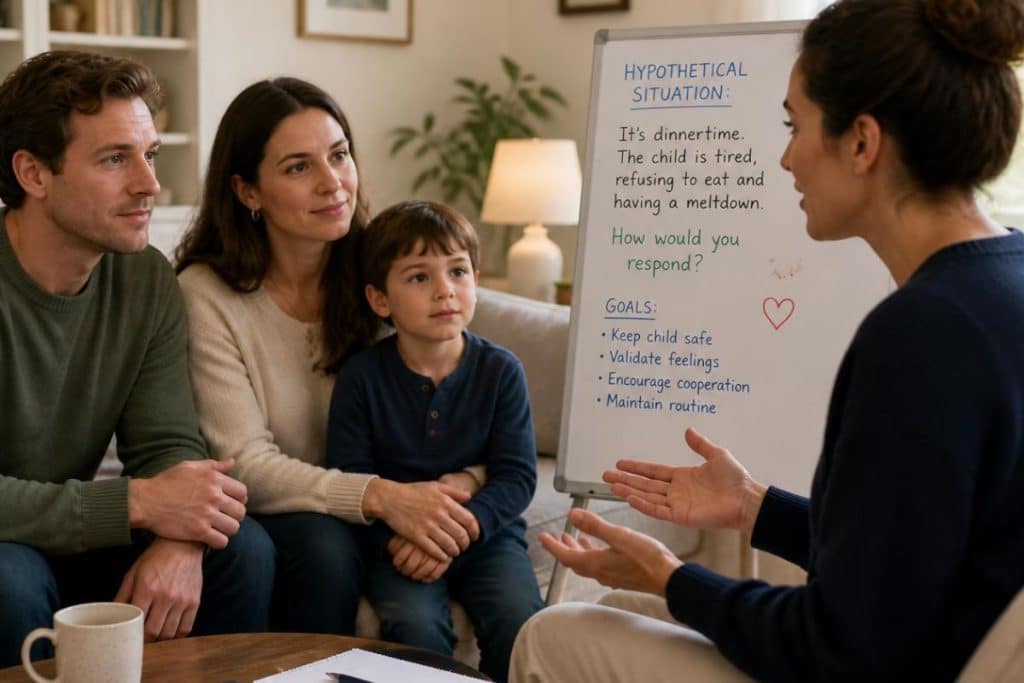 Family asking a nanny behavioral interview questions about childcare situations