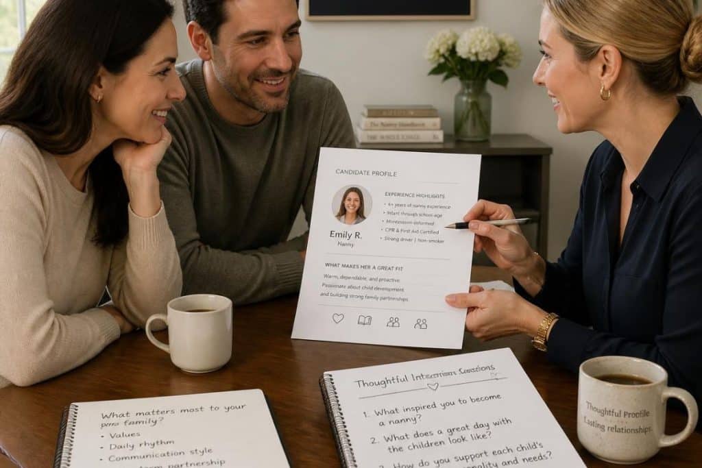 Parents discussing important questions to ask during a nanny interview