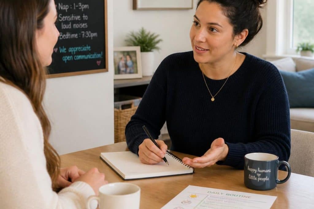 Nanny listening attentively to a parent discussing childcare routines