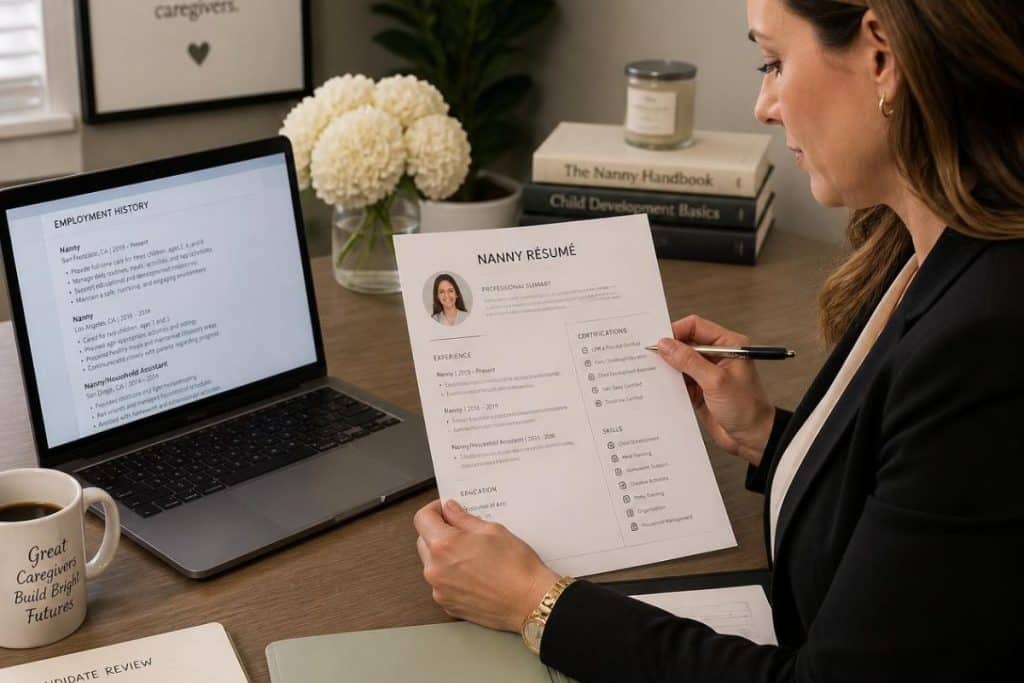Nanny placement specialist reviewing candidate experience and qualifications