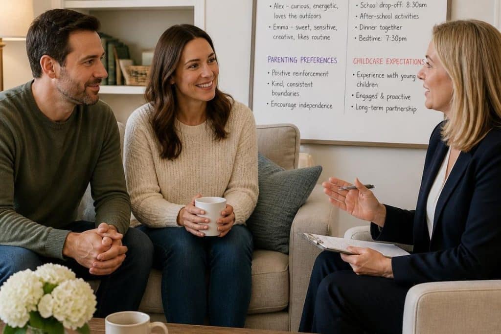 Parents discussing nanny compatibility with a professional placement specialist