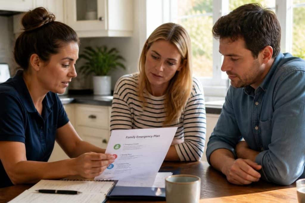 Nanny and parents reviewing an emergency plan for their children