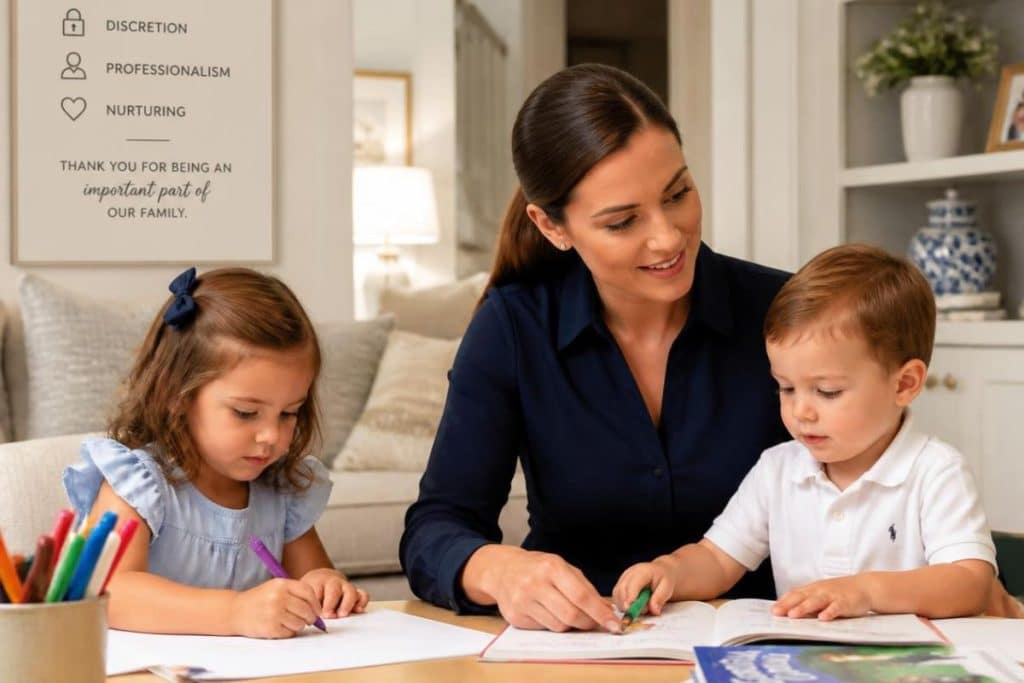Professional nanny demonstrating trust and confidentiality in a family home