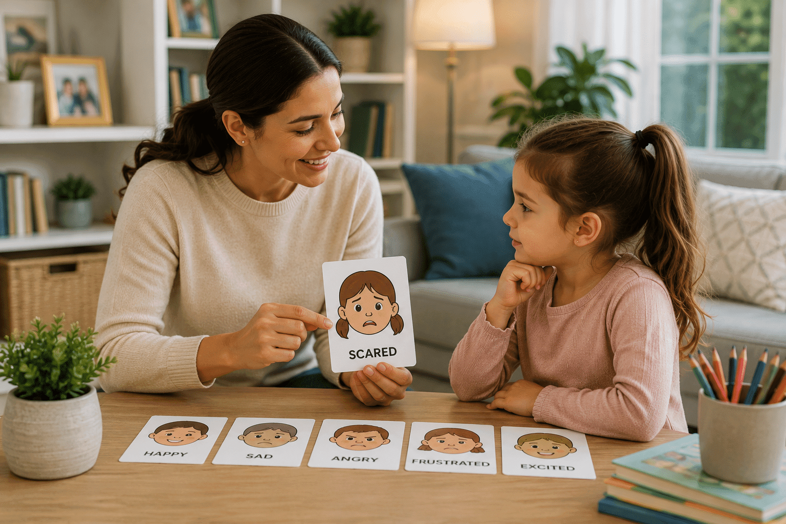 Professional nanny redirecting a child toward a positive activity