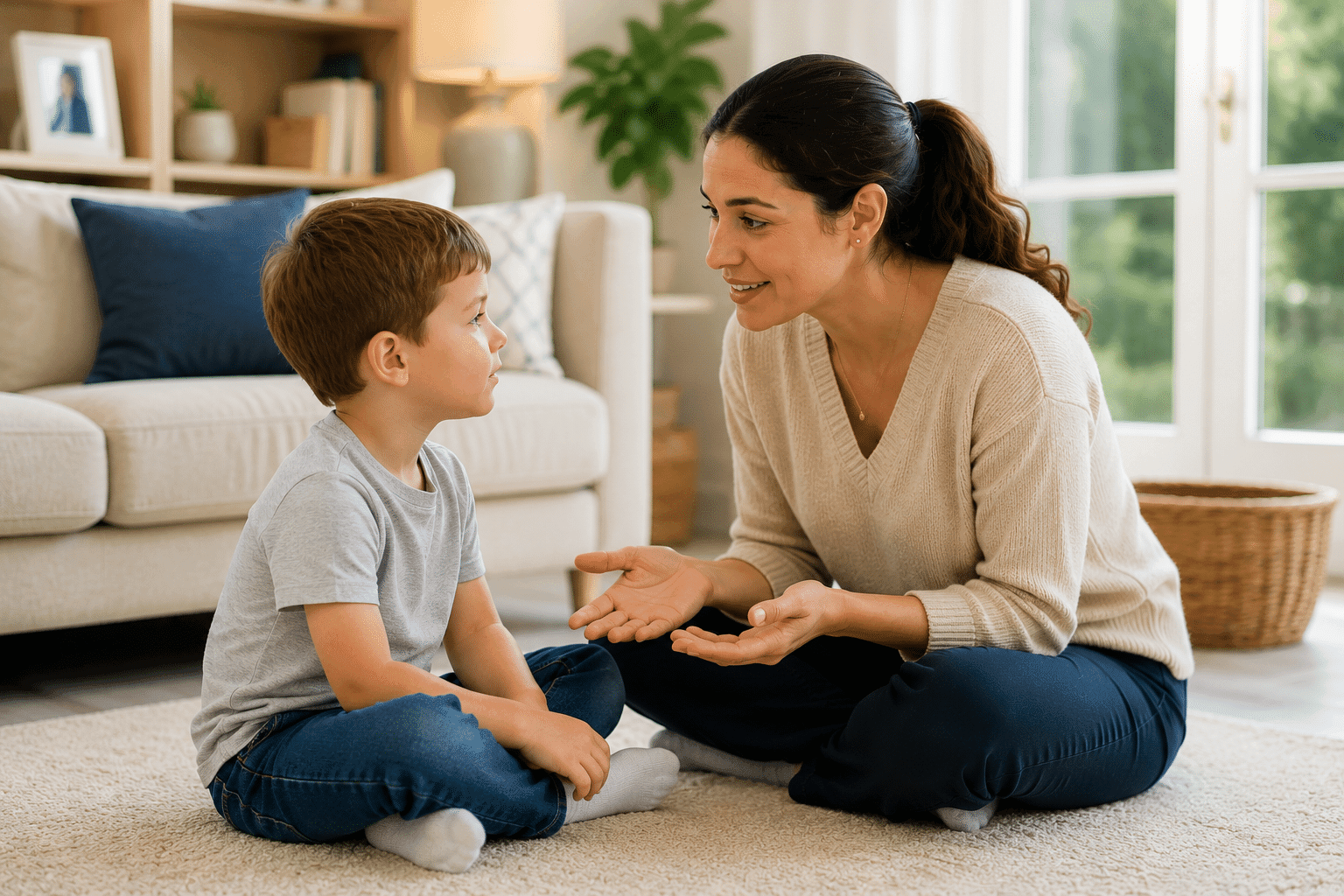 Professional nanny building connection while guiding a child through positive discipline
