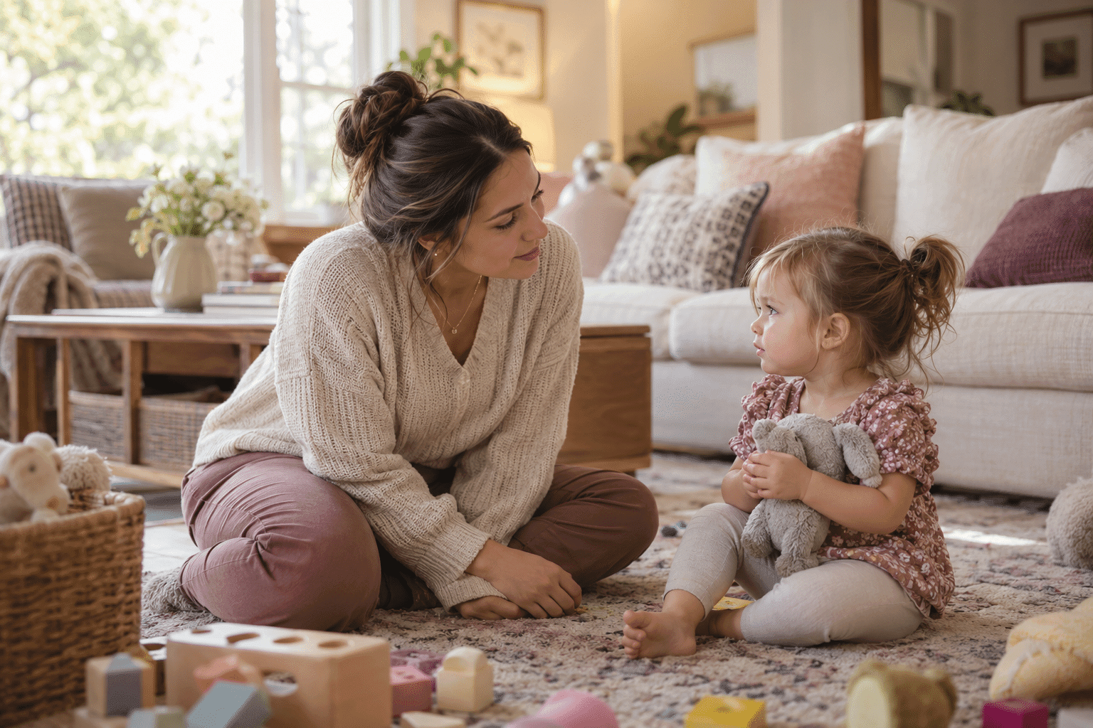 Professional nanny calmly listening to a child during an emotional moment.