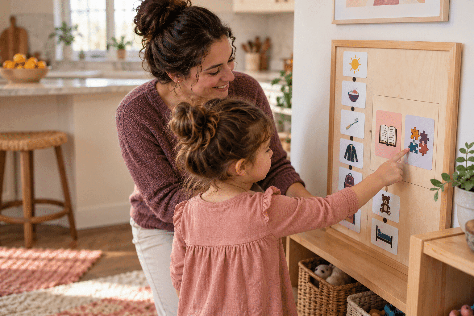 Professional nanny helping a child follow a visual routine and make an appropriate choice.