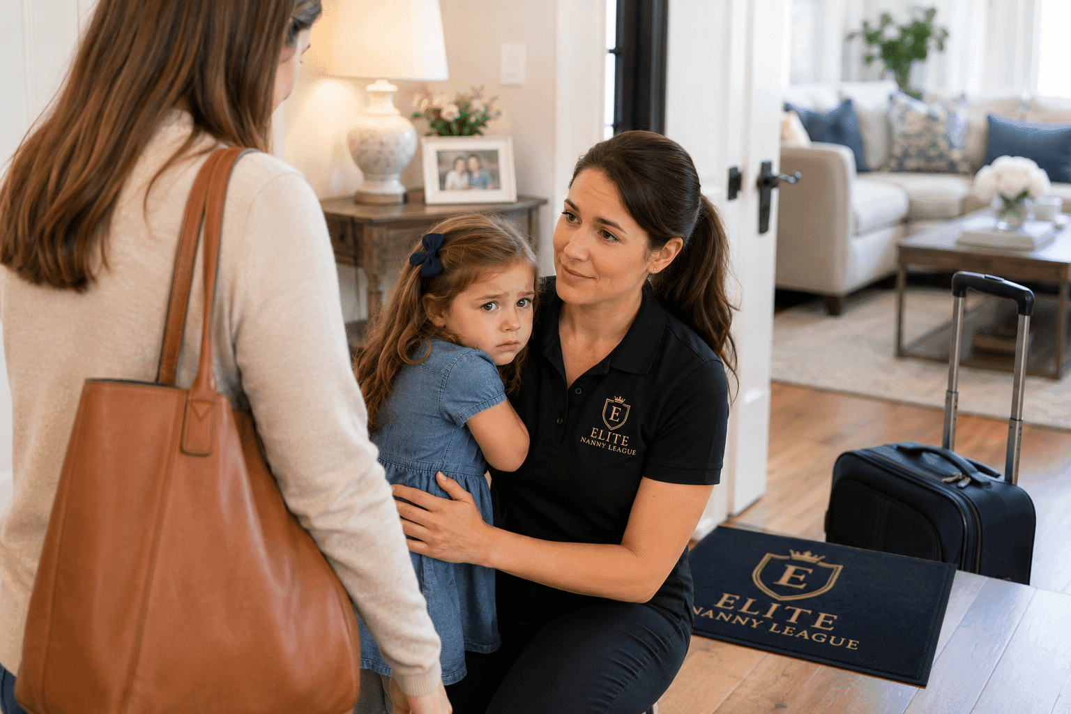 Professional nanny comforting a young child during a caregiver transition as a parent prepares to leave