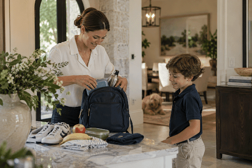 Professional nanny organizing a child’s daily essentials and schedule in a private Texas family home
