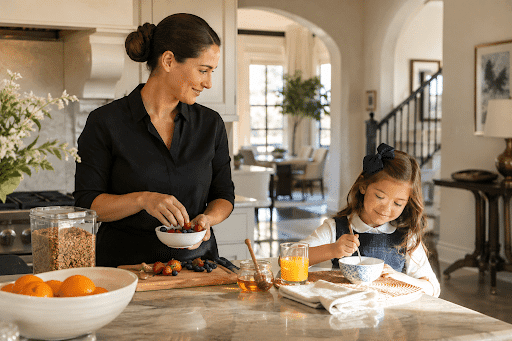 Professional nanny guiding a child through a calm morning routine in a refined family home