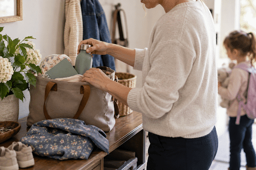 Professional nanny preparing a child’s daily bag and schedule in a private family home.
