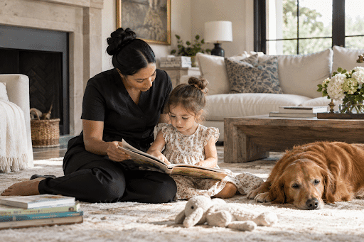 Professional nanny reading with a child in an elegant Texas family home.