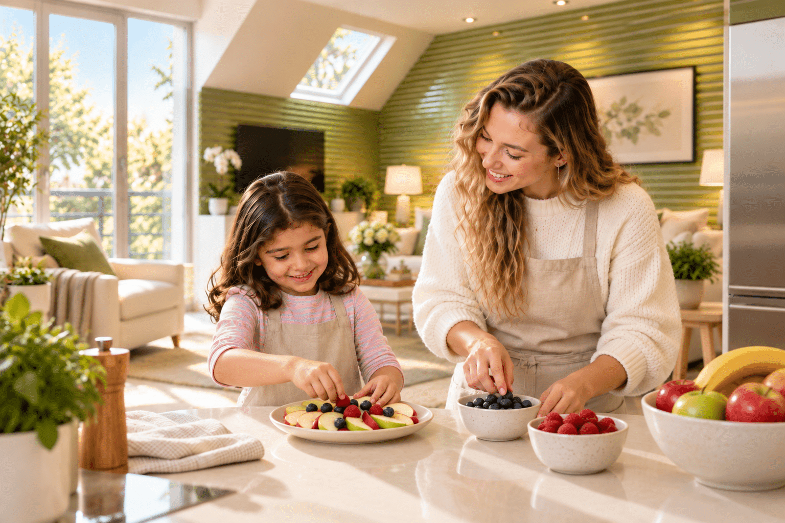 Professional nanny supporting a child through a familiar daily routine at home