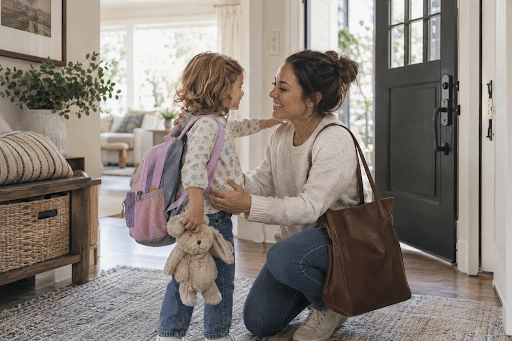 Professional nanny greeting a child during a familiar morning routine.