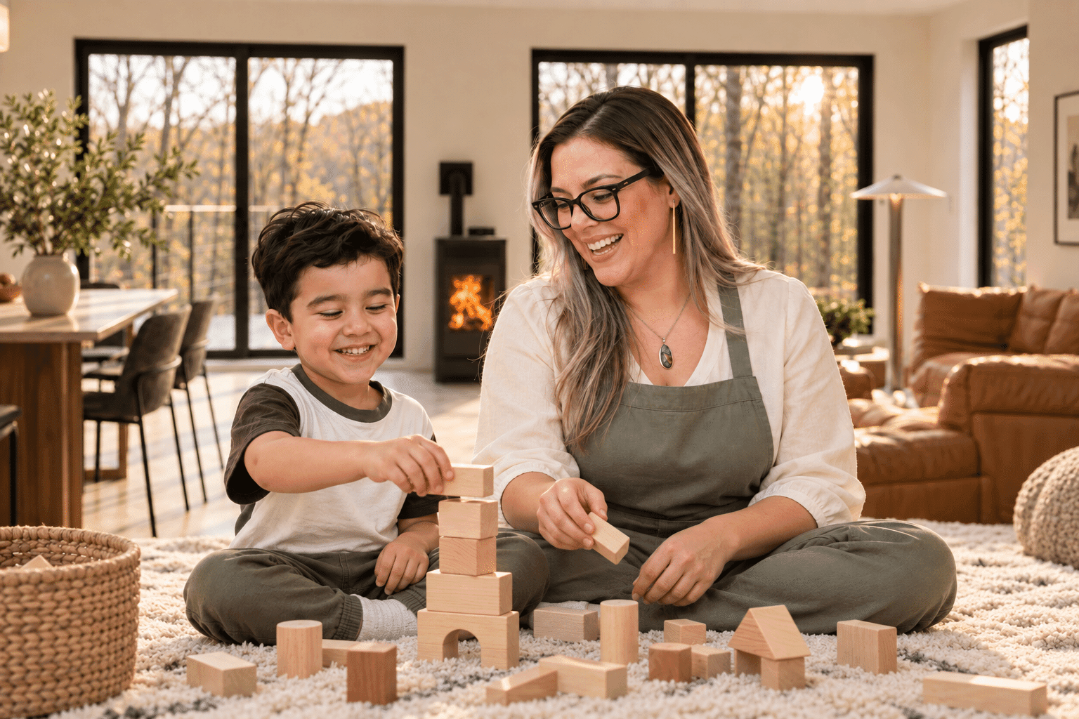 Professional nanny and child playing together during a consistent caregiving routine