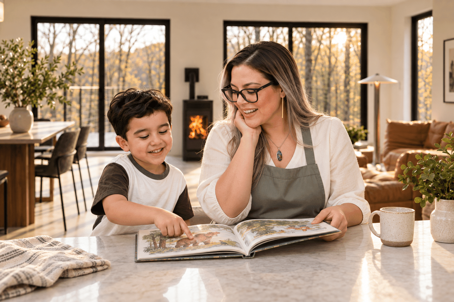 Professional nanny responding calmly to a child during a shared reading activity