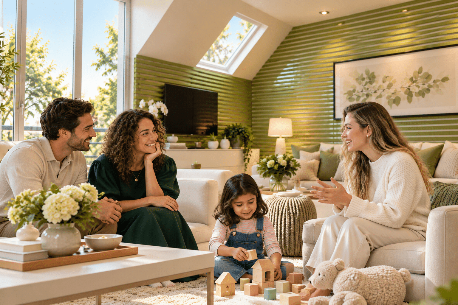Parent and nanny exchanging a daily care update while a child plays nearby
