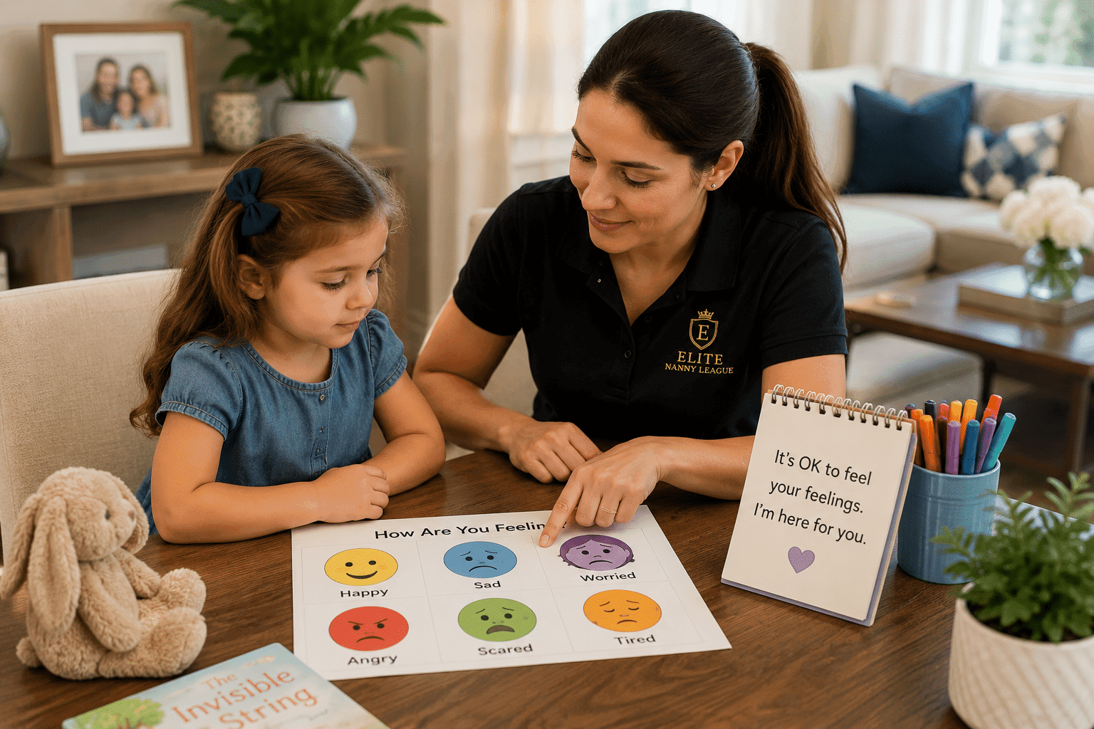 Professional nanny helping a young child identify emotions during a caregiver transition