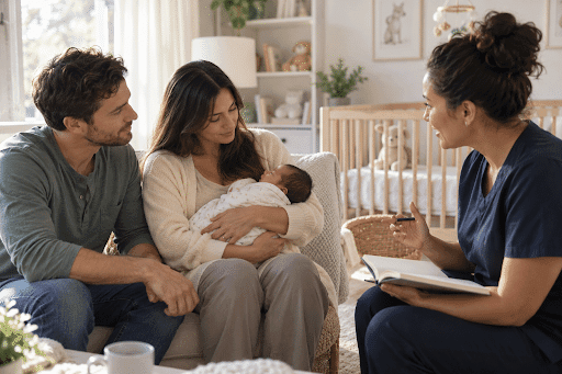 New parents discussing newborn care routines with a professional caregiver.
