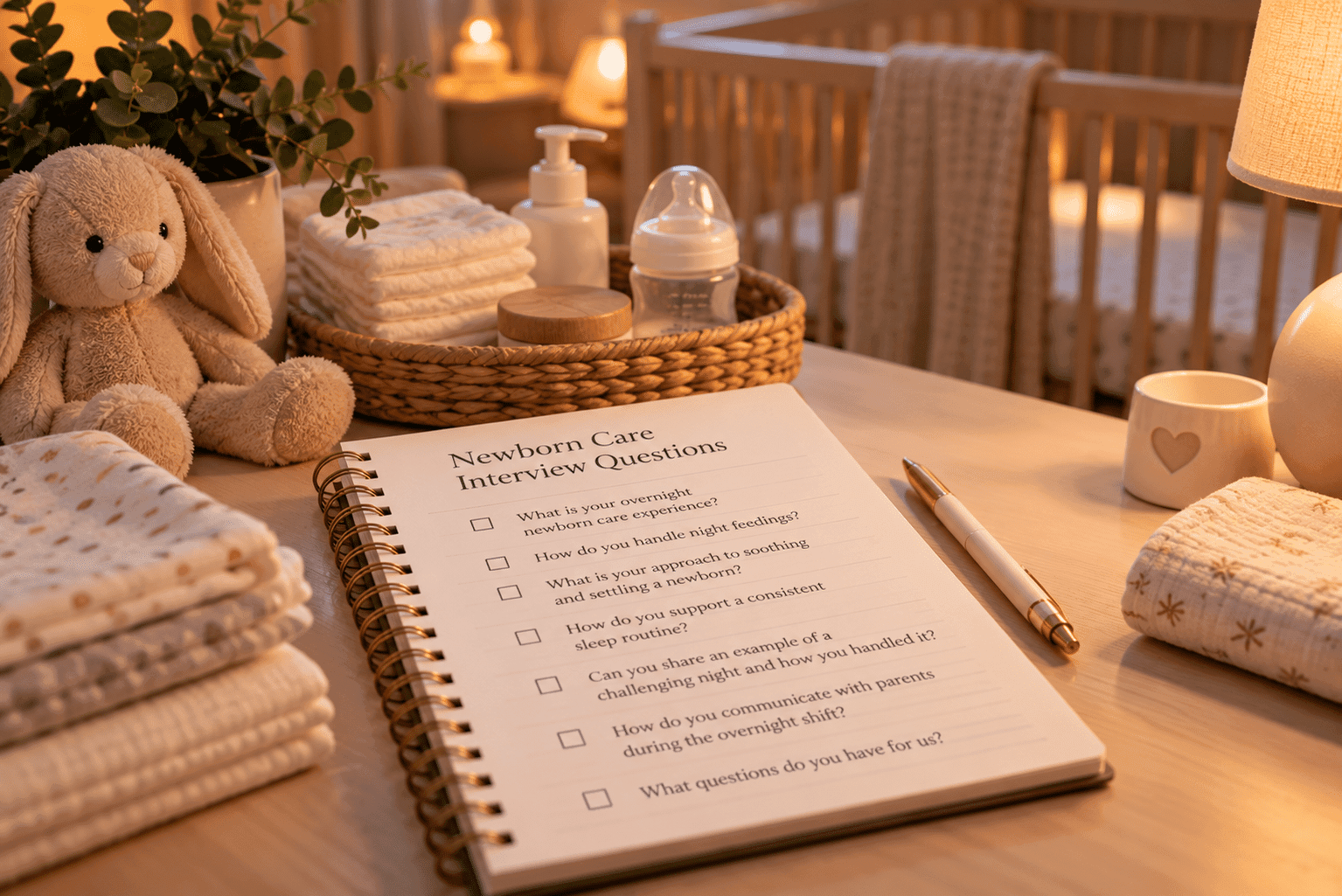 Notebook with newborn care interview questions beside a neutral newborn care setup.