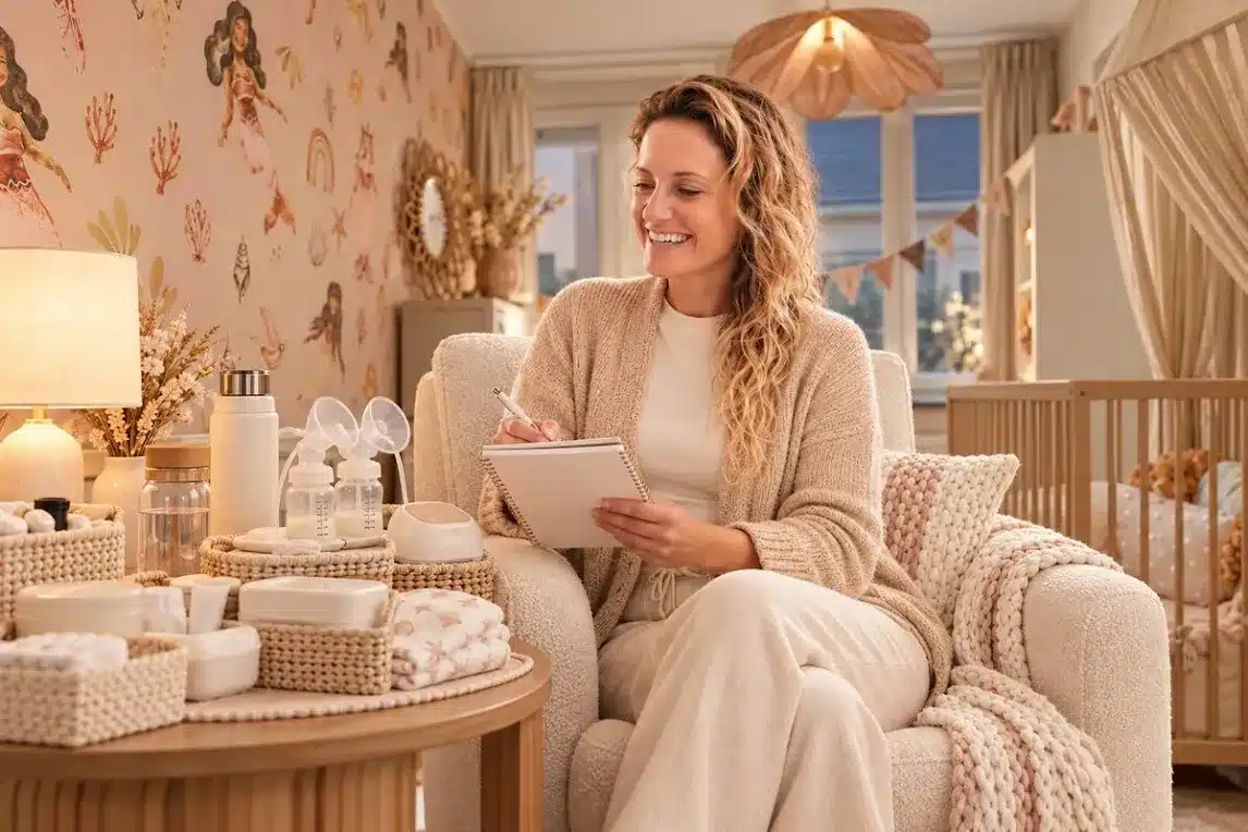 Newborn caregiver reviewing an overnight care routine log with organized supplies nearby.