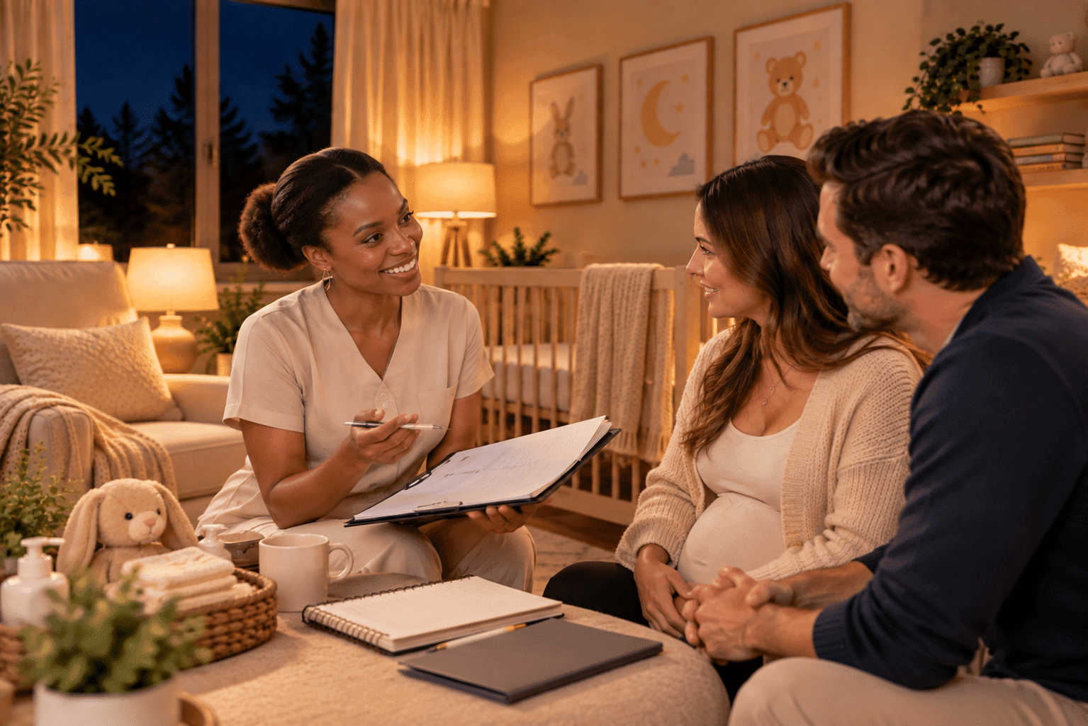 Professional newborn caregiver reviewing overnight care expectations with parents in a private home.