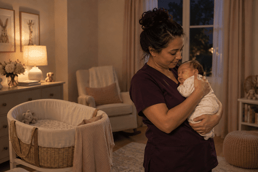 Professional newborn caregiver soothing a sleeping baby in a softly lit nursery.