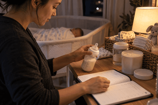 Newborn caregiver preparing a bottle and recording overnight care details.