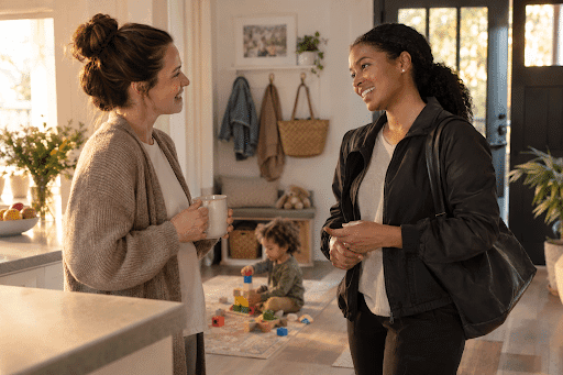 Parent and professional nanny sharing a daily care update while a child plays nearby.