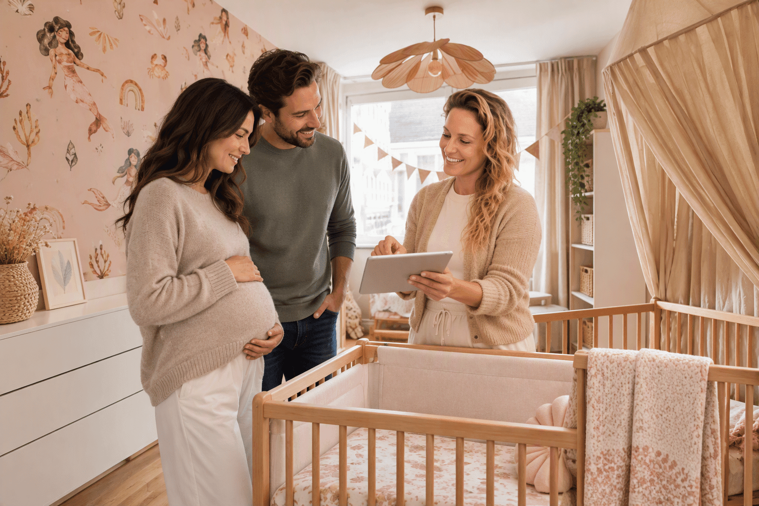 Parents reviewing an overnight newborn care plan with a professional caregiver in a calm home setting.