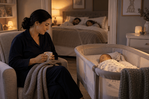 Professional overnight caregiver monitoring a sleeping baby while parents rest nearby.