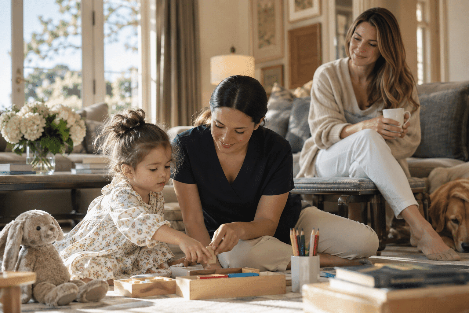 Professional nanny engaging a child in an activity while a parent observes nearby.