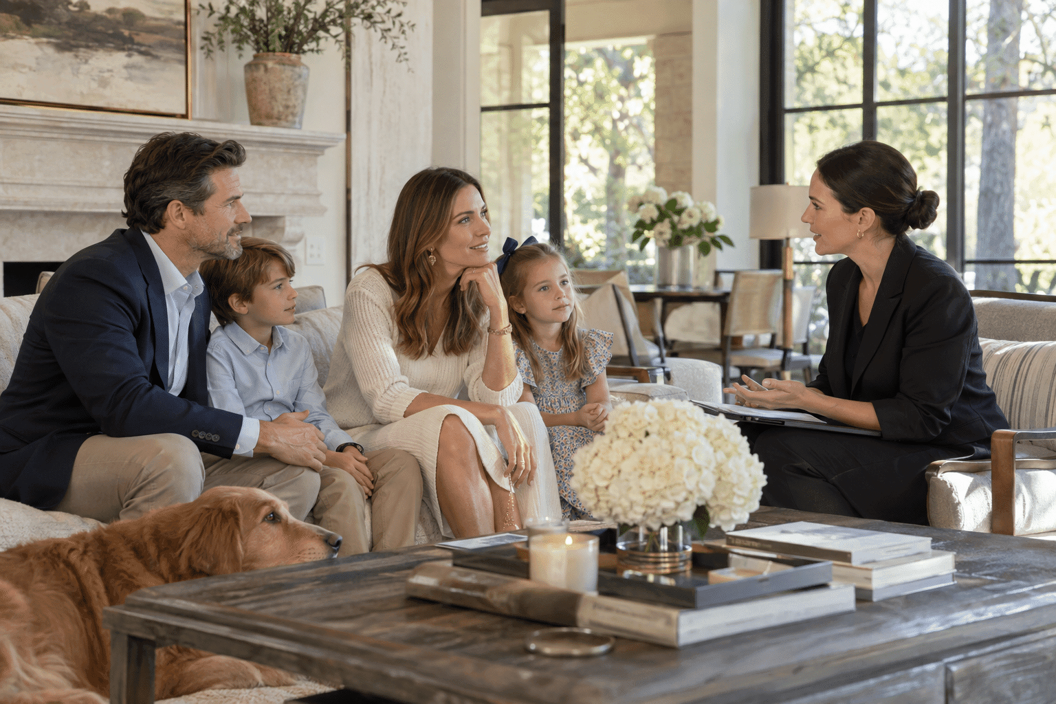 Professional nanny greeting a parent and child during a private family introduction.