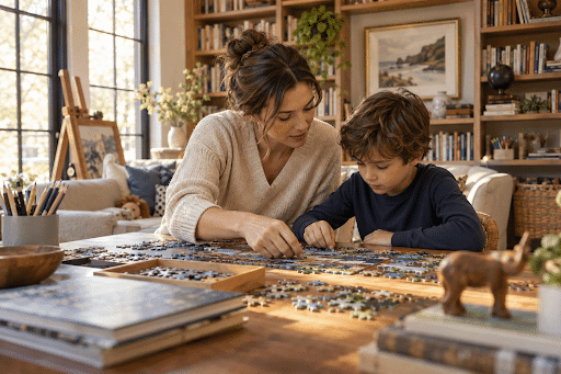 Professional nanny helping a child complete an enrichment activity at home.