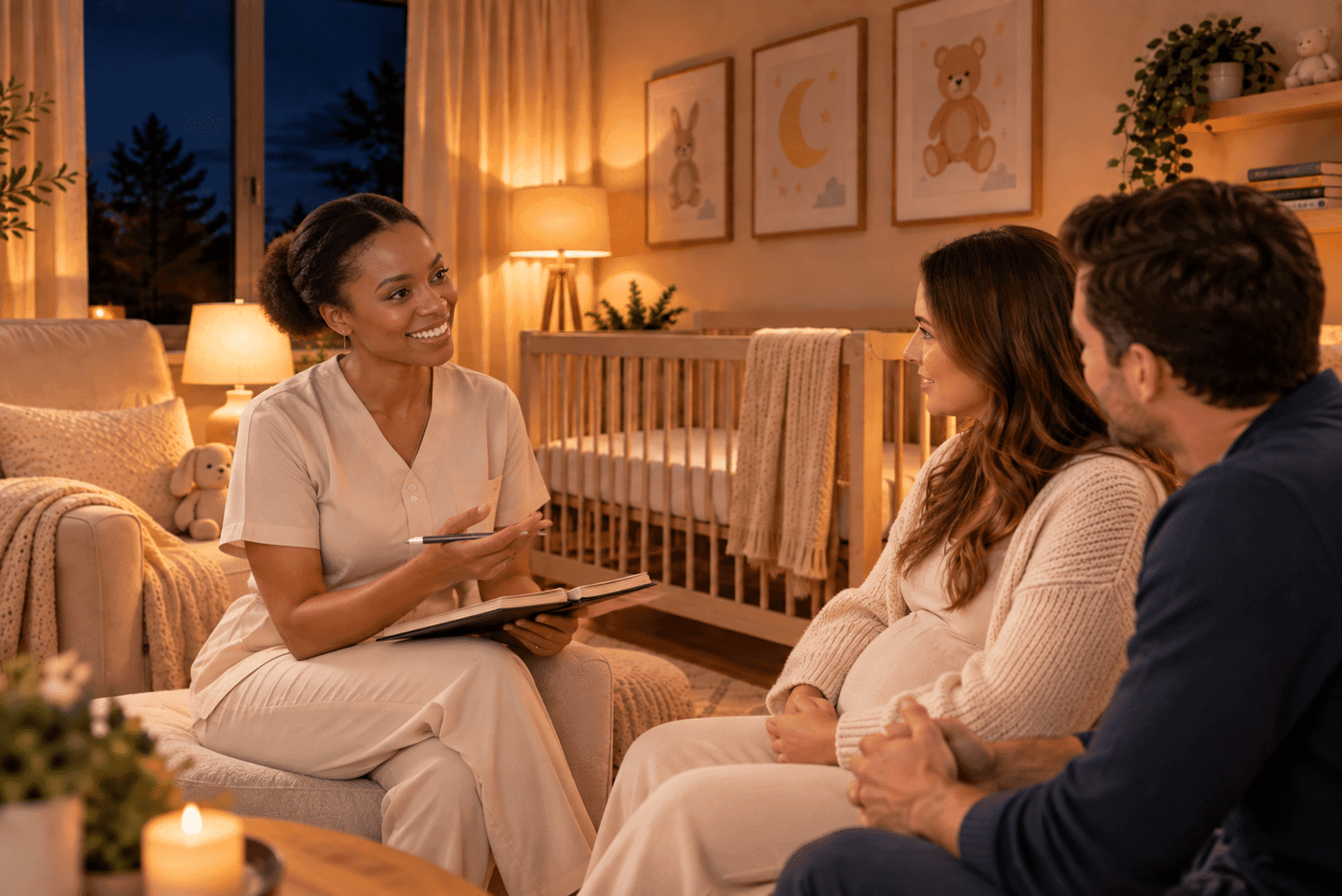 Parents speaking with a professional newborn caregiver during an overnight care interview.