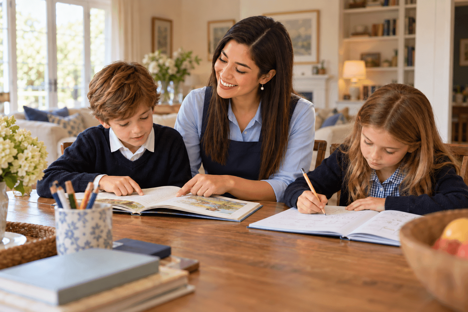 Professional caregiver supporting children during a structured daily activity