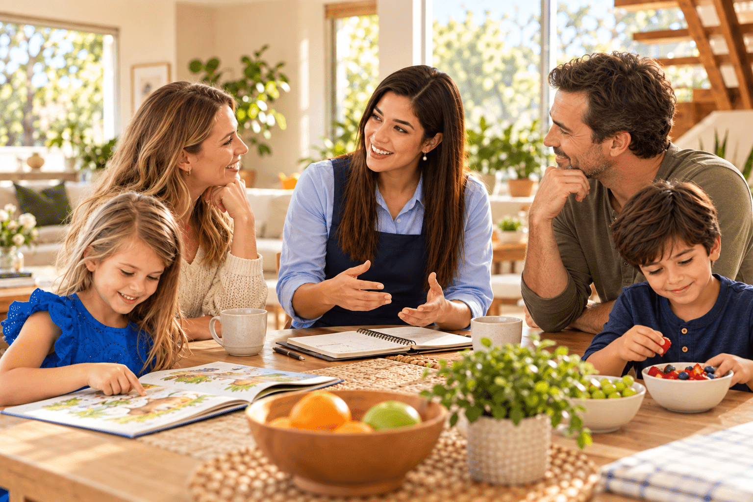 Parent discussing household support needs with a professional childcare provider