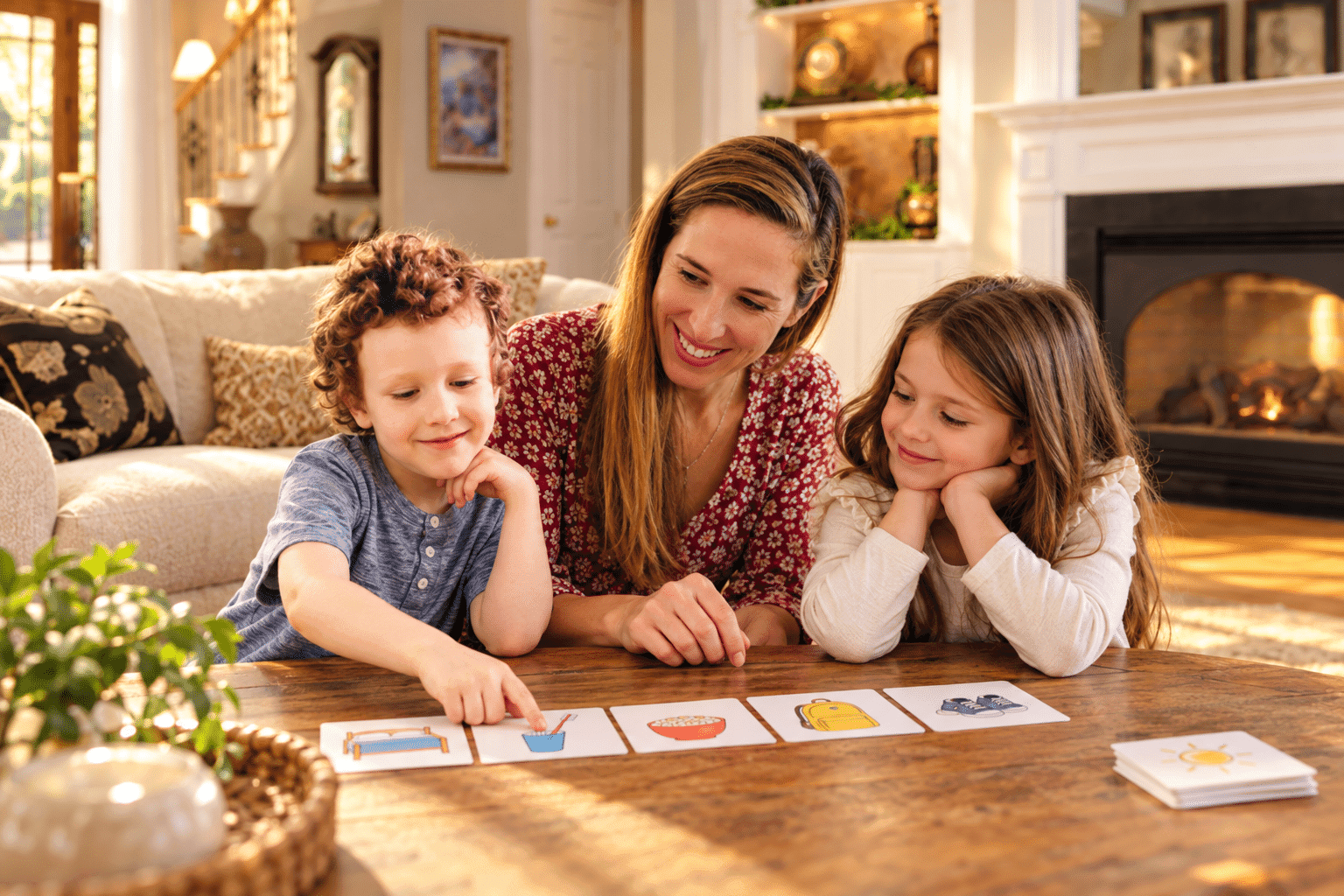 Professional family assistant supporting children during a structured daily routine