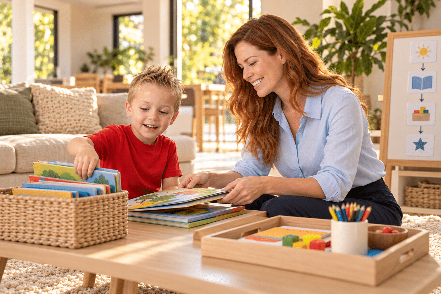 Professional caregiver supporting children during a structured routine