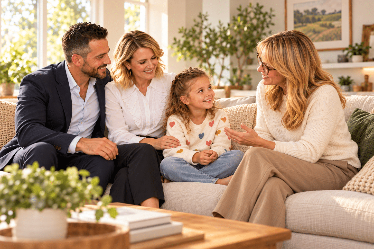 Family experiencing calm, connected support from a professional nanny