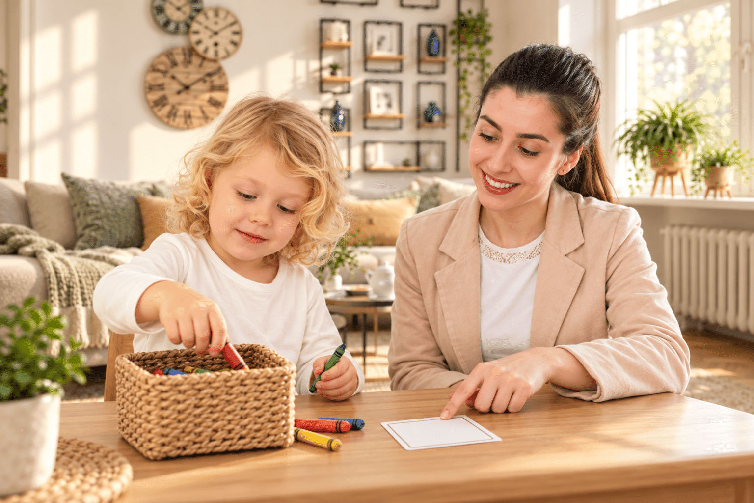 Professional caregiver supporting children during a structured routine